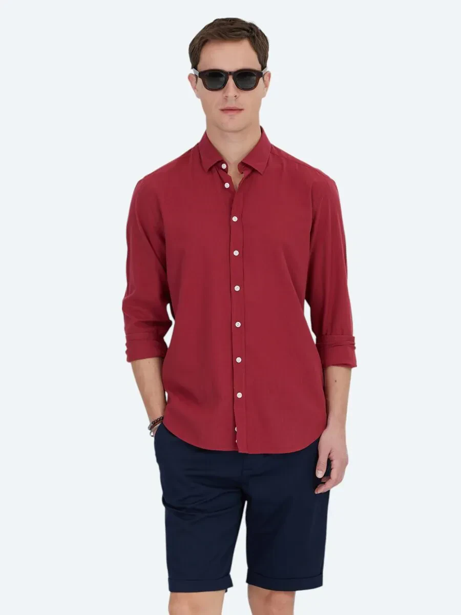 Kırmızı Düz Regular Fit Dokuma Casual %100 Pamuk Gömlek - 1