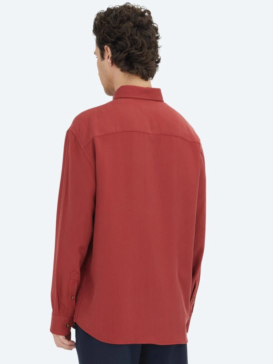 Kırmızı Fitilli Oversize Fit Dokuma Casual Gömlek - 6