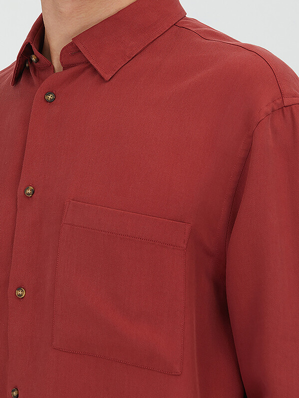 Kırmızı Fitilli Oversize Fit Uzun Dokuma Casual Gömlek - 5