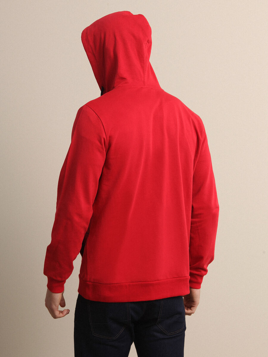 Kırmızı Kapüşonlu Düz Sweatshırt - 4