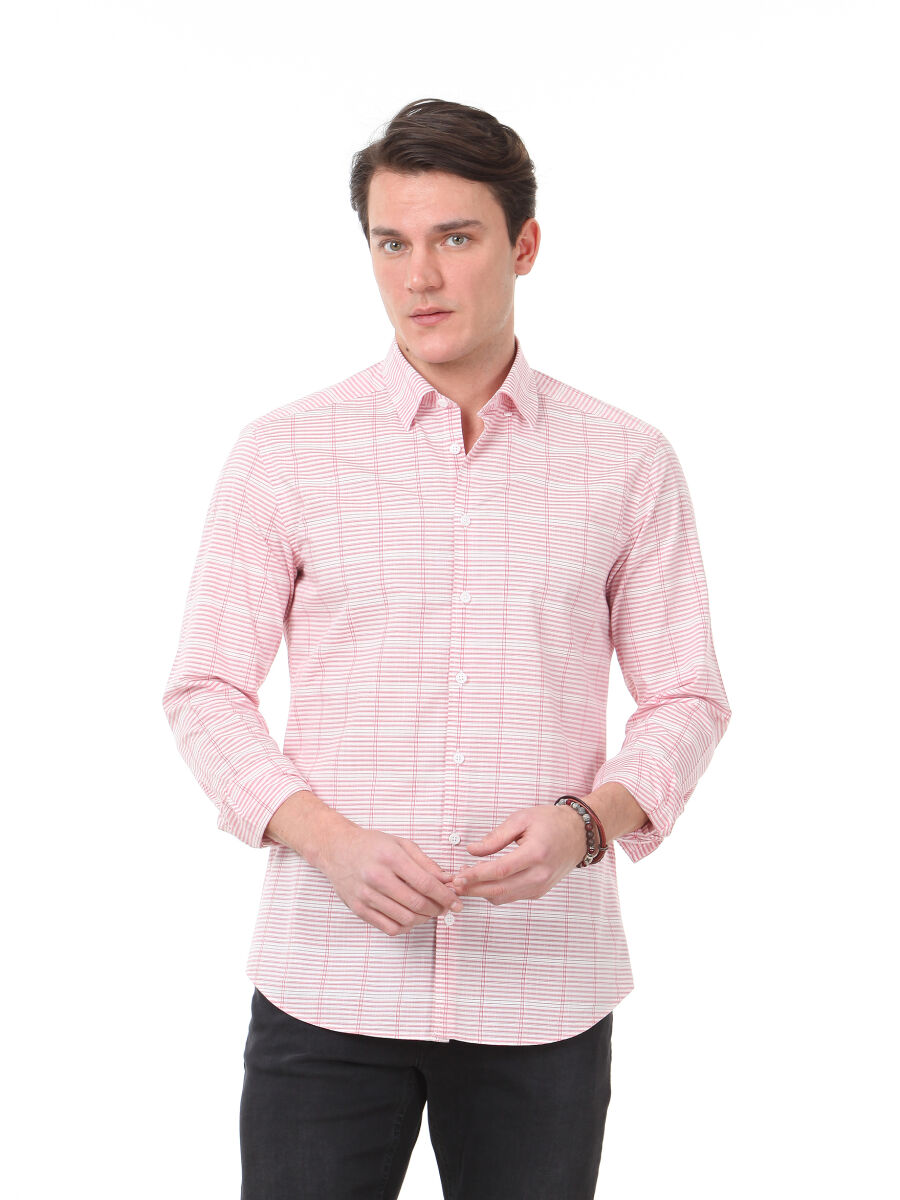 Kırmızı Kareli Slim Fit Uzun Dokuma Casual Pamuk Karışımlı Gömlek - 1
