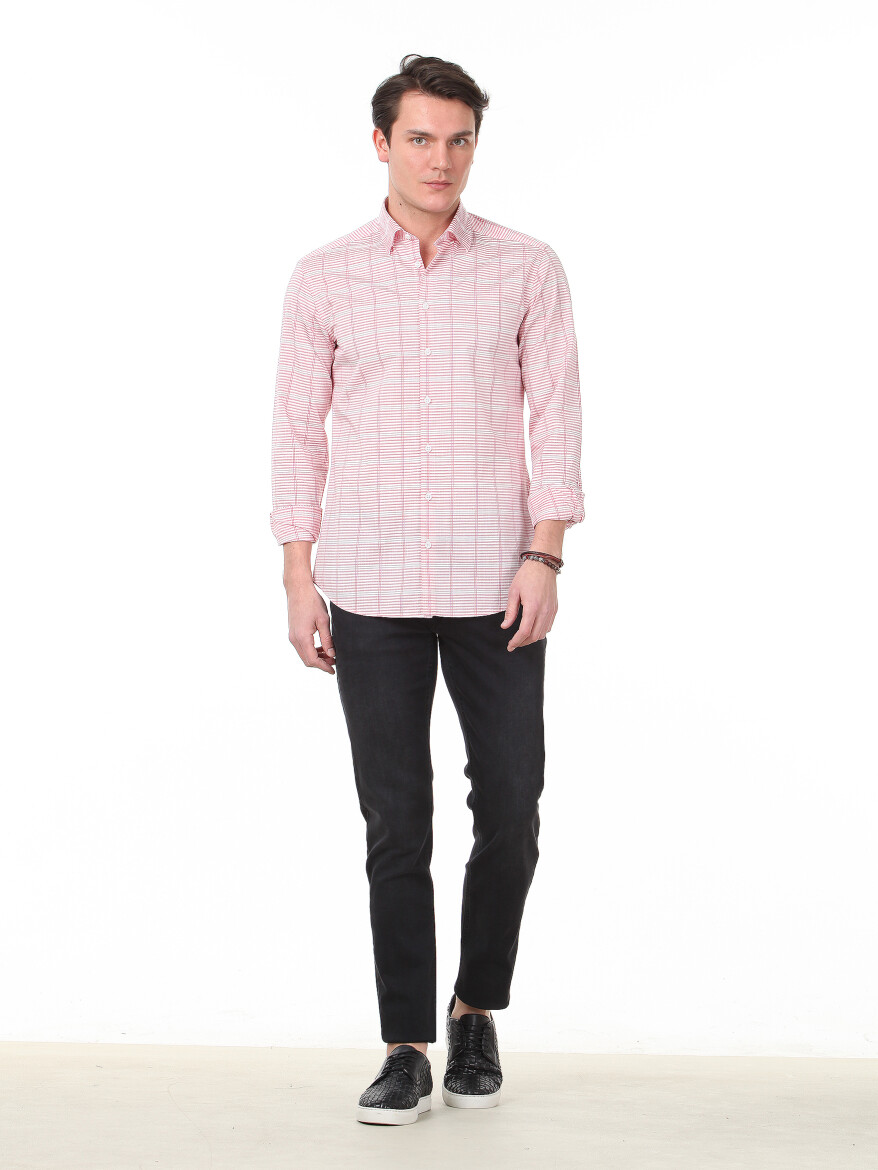 Kırmızı Kareli Slim Fit Uzun Dokuma Casual Pamuk Karışımlı Gömlek - 2