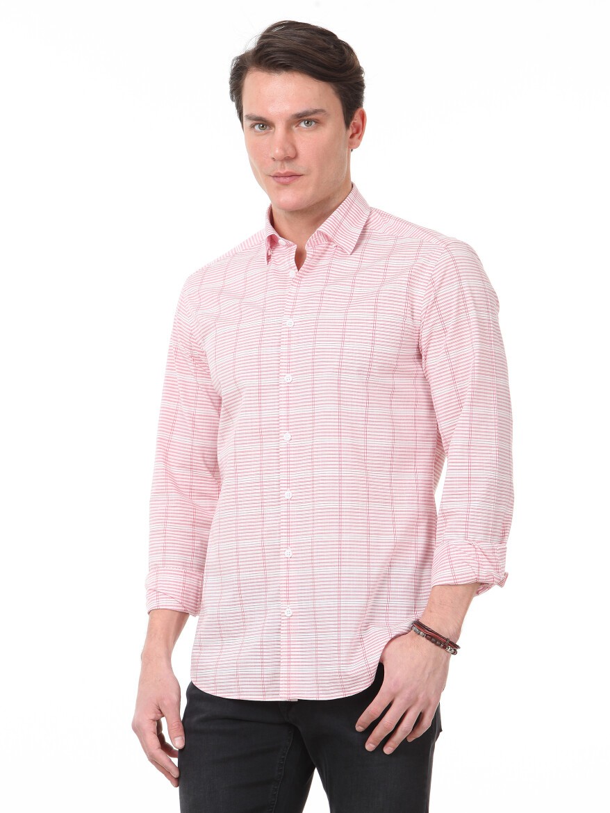 Kırmızı Kareli Slim Fit Uzun Dokuma Casual Pamuk Karışımlı Gömlek - 3