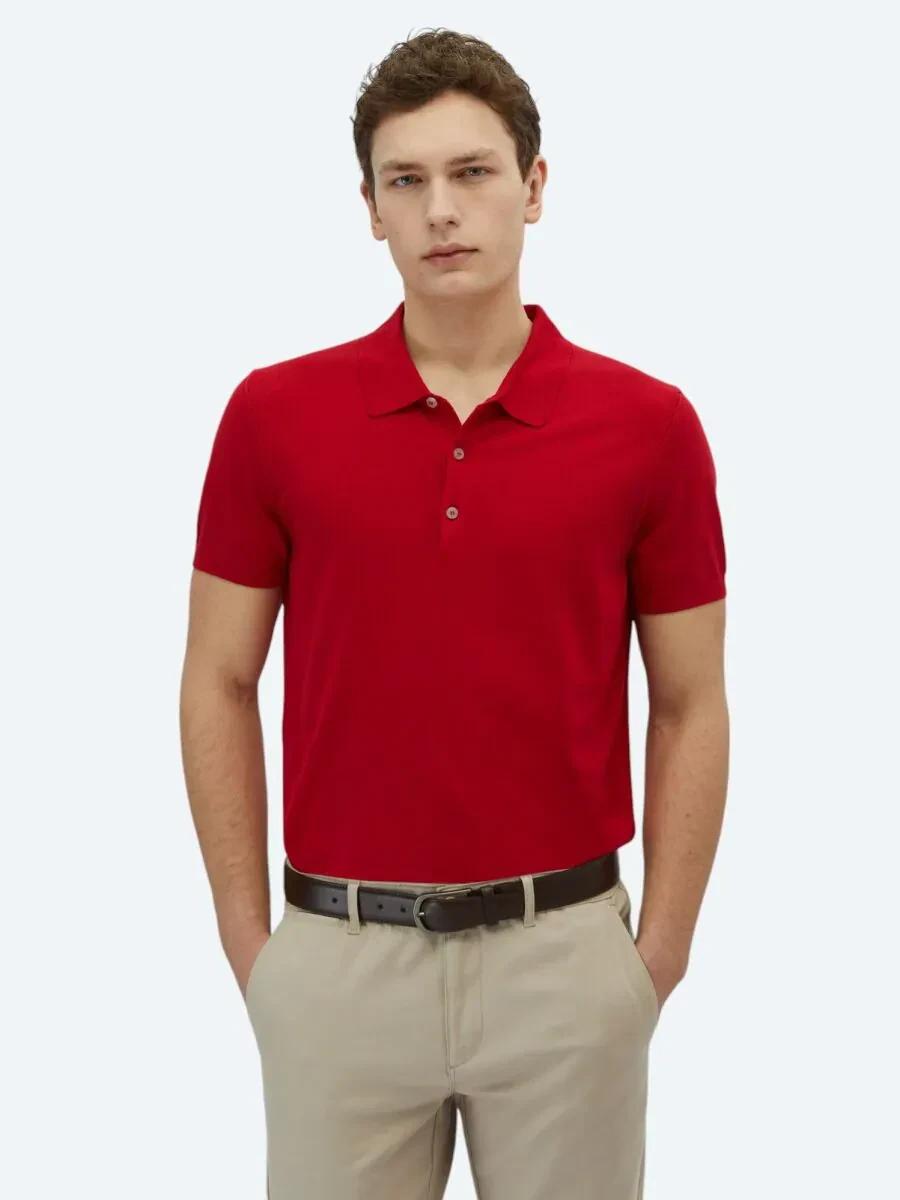 Kırmızı Polo Yaka Düz Örgü Triko - 1