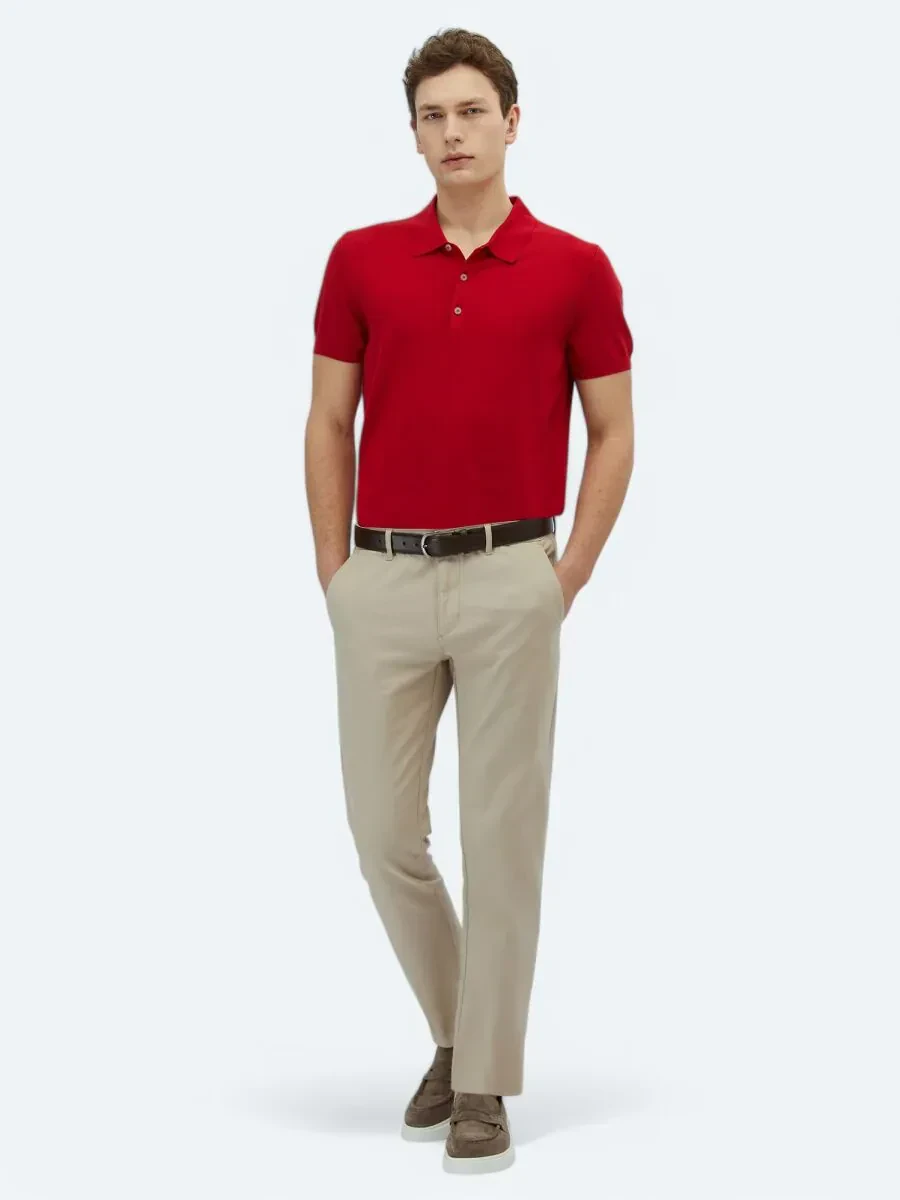 Kırmızı Polo Yaka Düz Örgü Triko - 2