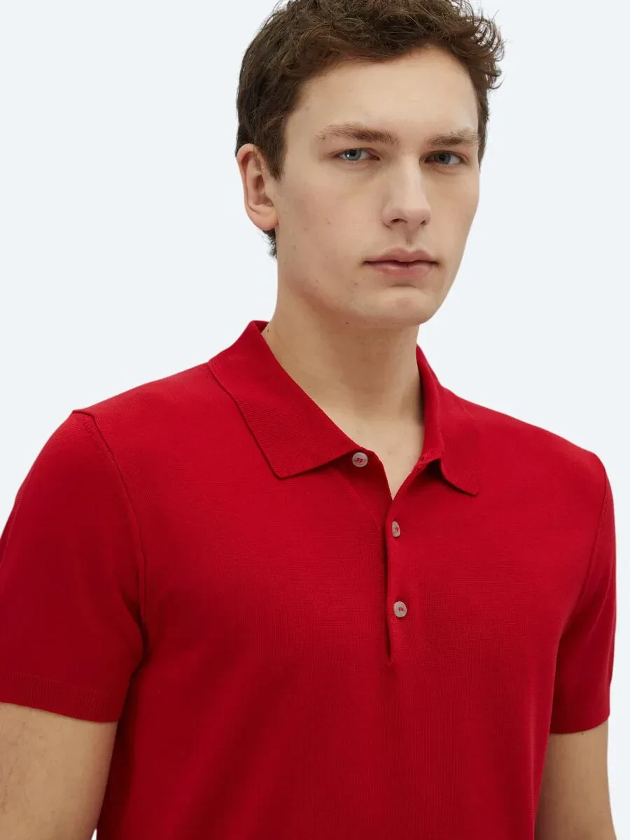 Kırmızı Polo Yaka Düz Örgü Triko - 3
