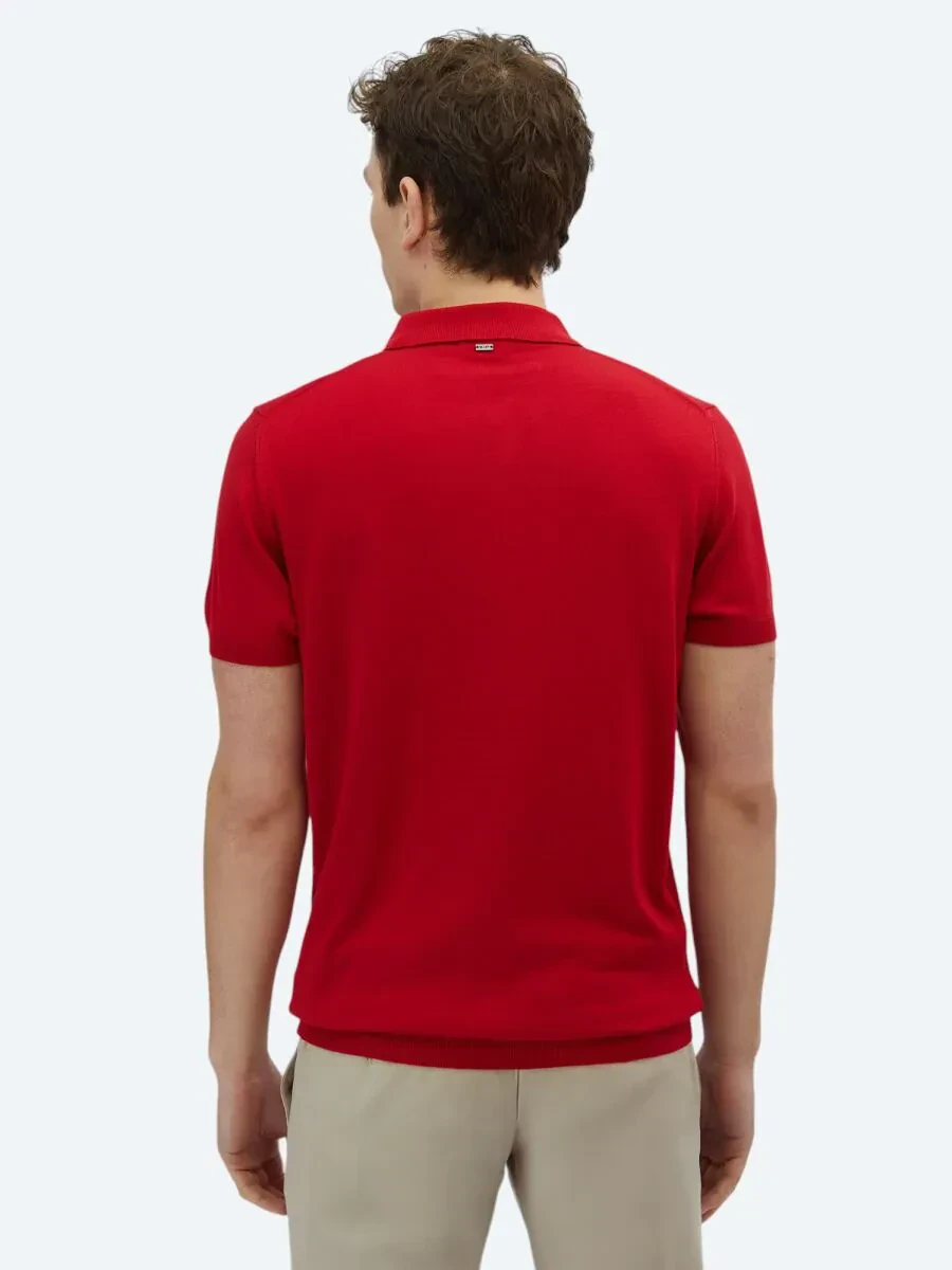 Kırmızı Polo Yaka Düz Örgü Triko - 5