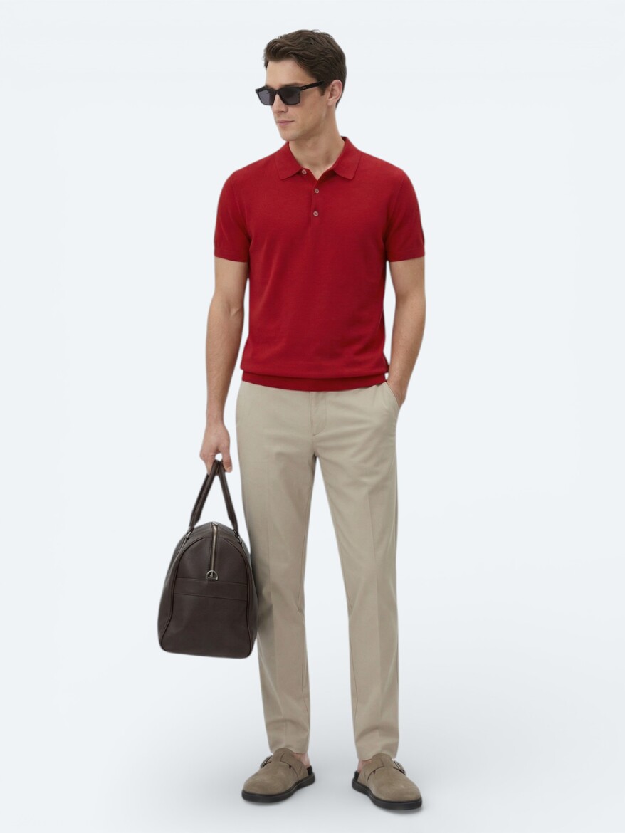 Kırmızı Polo Yaka Düz Örgü Triko - KİP