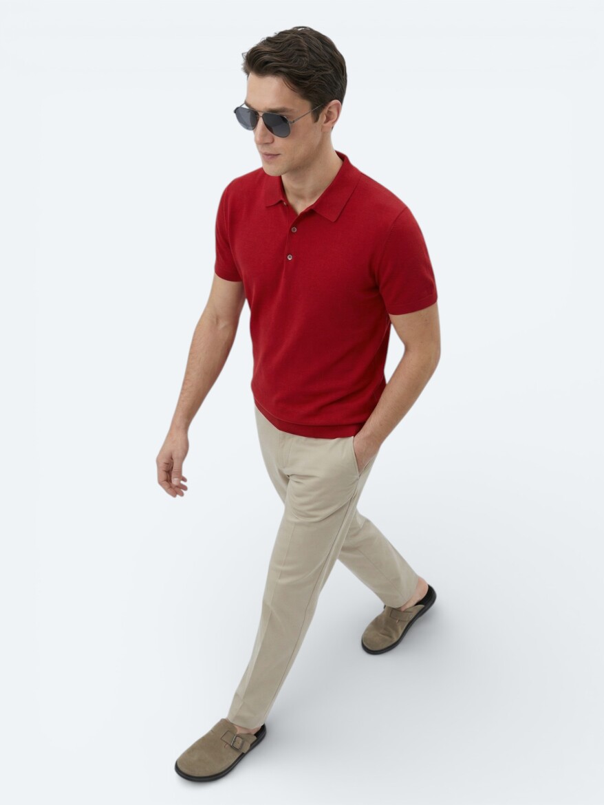 Kırmızı Polo Yaka Düz Örgü Triko - 4