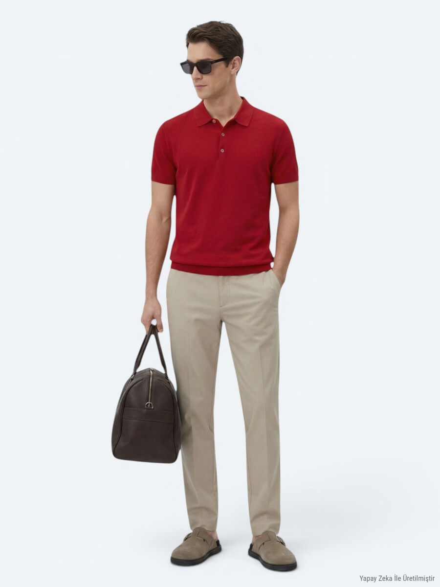 Kırmızı Polo Yaka Düz Örgü Triko - 2