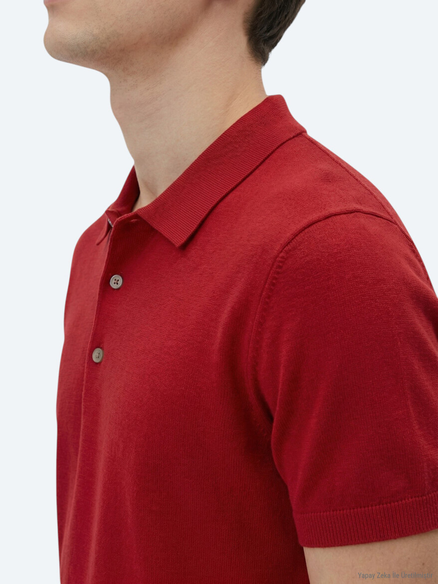 Kırmızı Polo Yaka Düz Örgü Triko - 3