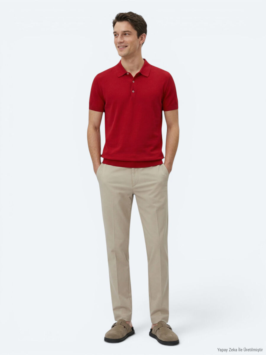 Kırmızı Polo Yaka Düz Örgü Triko - 5