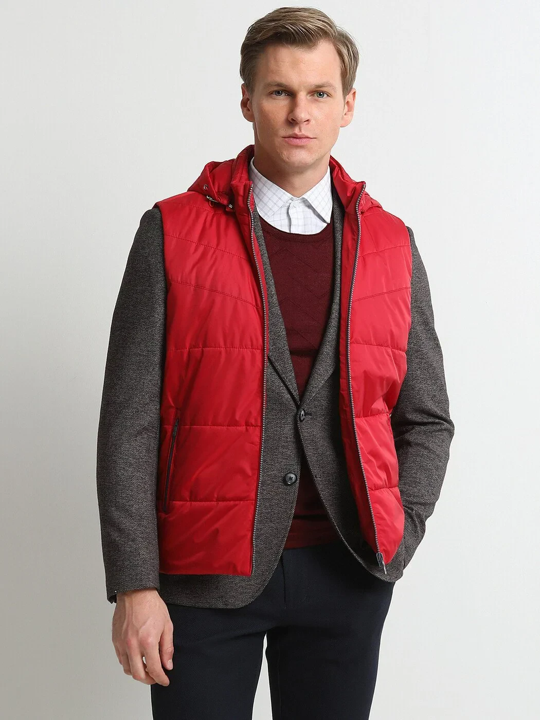 Kırmızı Regular Fit Dik Yaka Smart Casual Dokuma Spor Yelek - 2