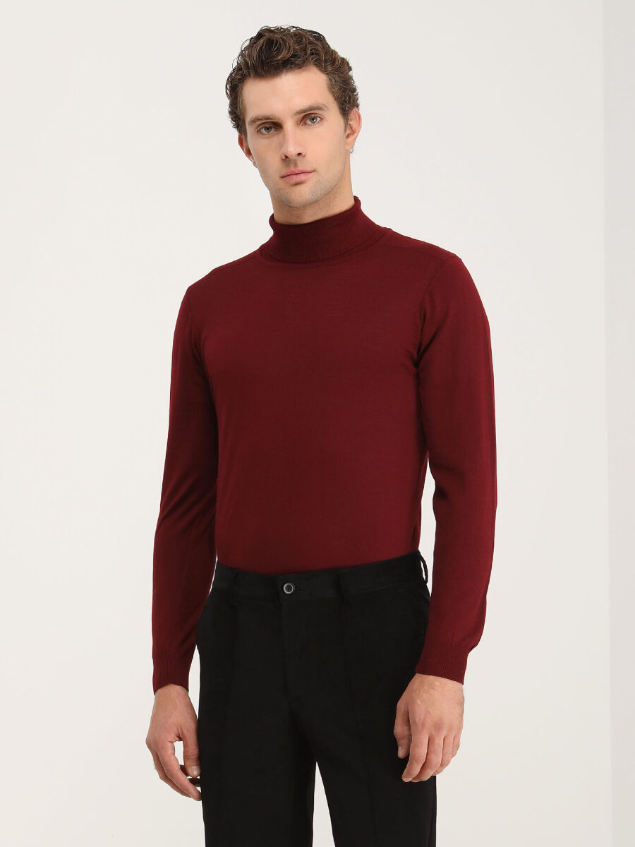 Kırmızı Tam Balıkçı Yaka Düz Örgü Yün Karışımlı Triko Kazak - 1