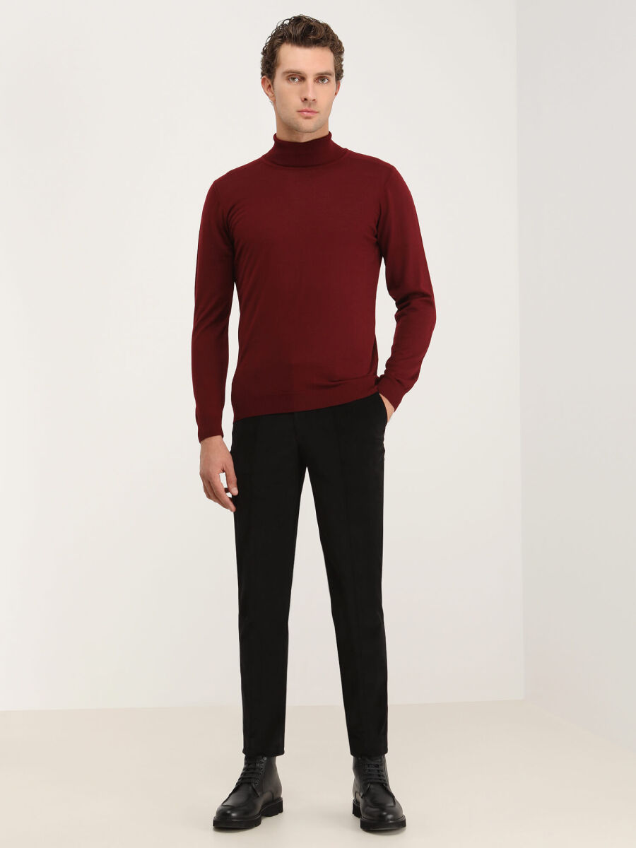 Kırmızı Tam Balıkçı Yaka Düz Örgü Yün Karışımlı Triko Kazak - 4