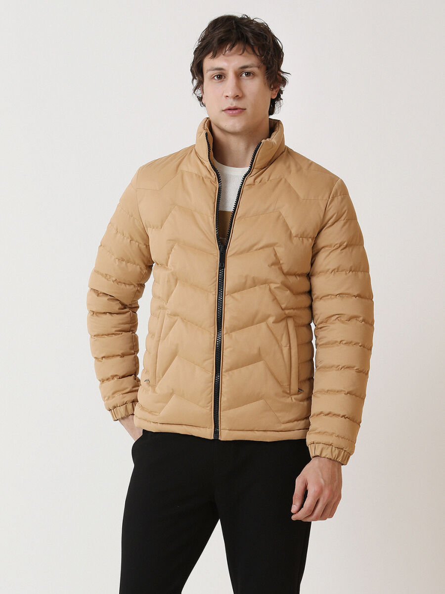 Koyu Bej Regular Fit Dik Yaka Casual Dokuma Mont - 1