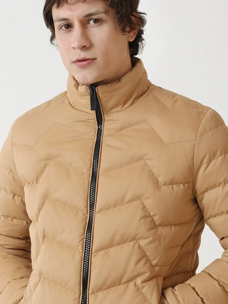 Koyu Bej Regular Fit Dik Yaka Casual Dokuma Mont - 3