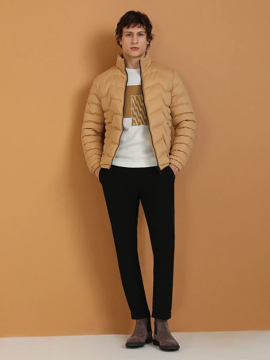 Koyu Bej Regular Fit Dik Yaka Casual Dokuma Mont - 4