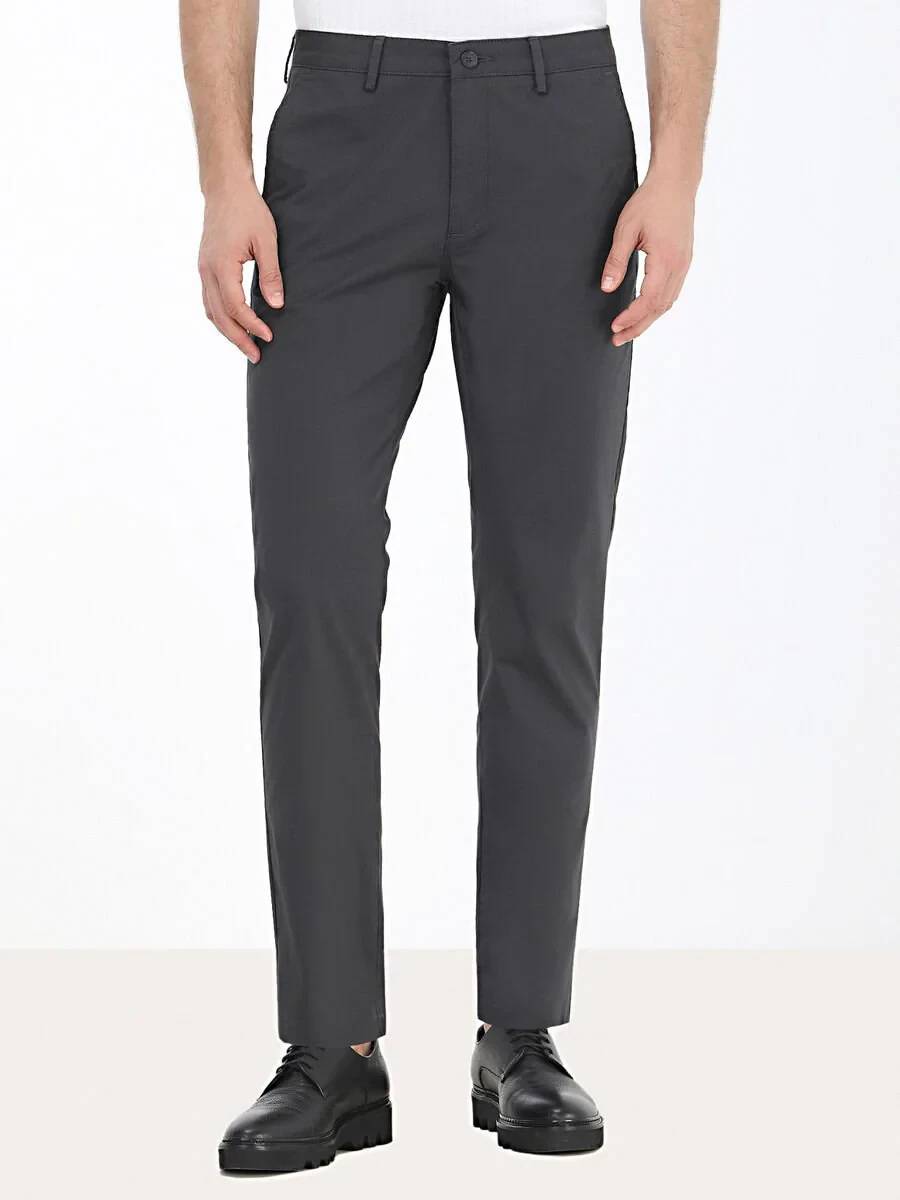 Koyu Gri Düz Dokuma Regular Fit Casual Pamuk Karışımlı Pantolon - 1