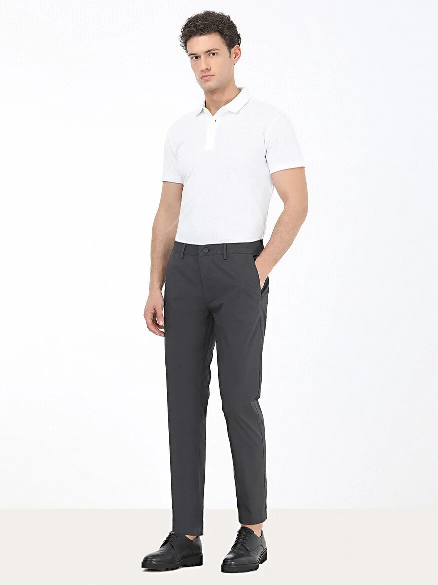 Koyu Gri Düz Dokuma Regular Fit Casual Pamuk Karışımlı Pantolon - KİP