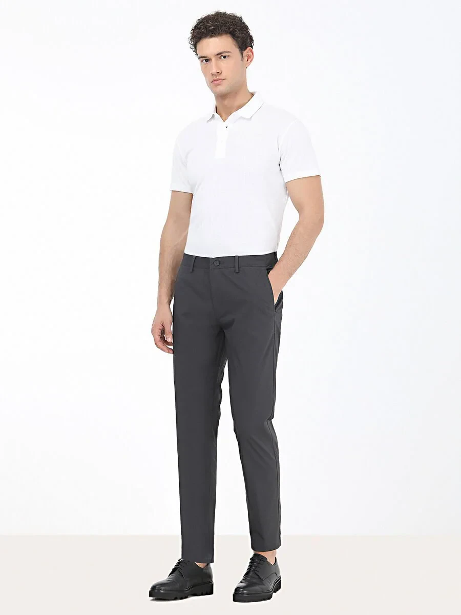 Koyu Gri Düz Dokuma Regular Fit Casual Pamuk Karışımlı Pantolon - 2