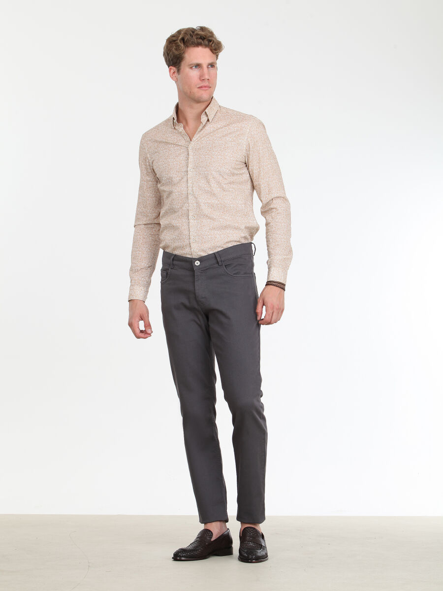 Koyu Gri Düz Dokuma Slim Fit Casual Pamuk Karışımlı Pantolon - 2