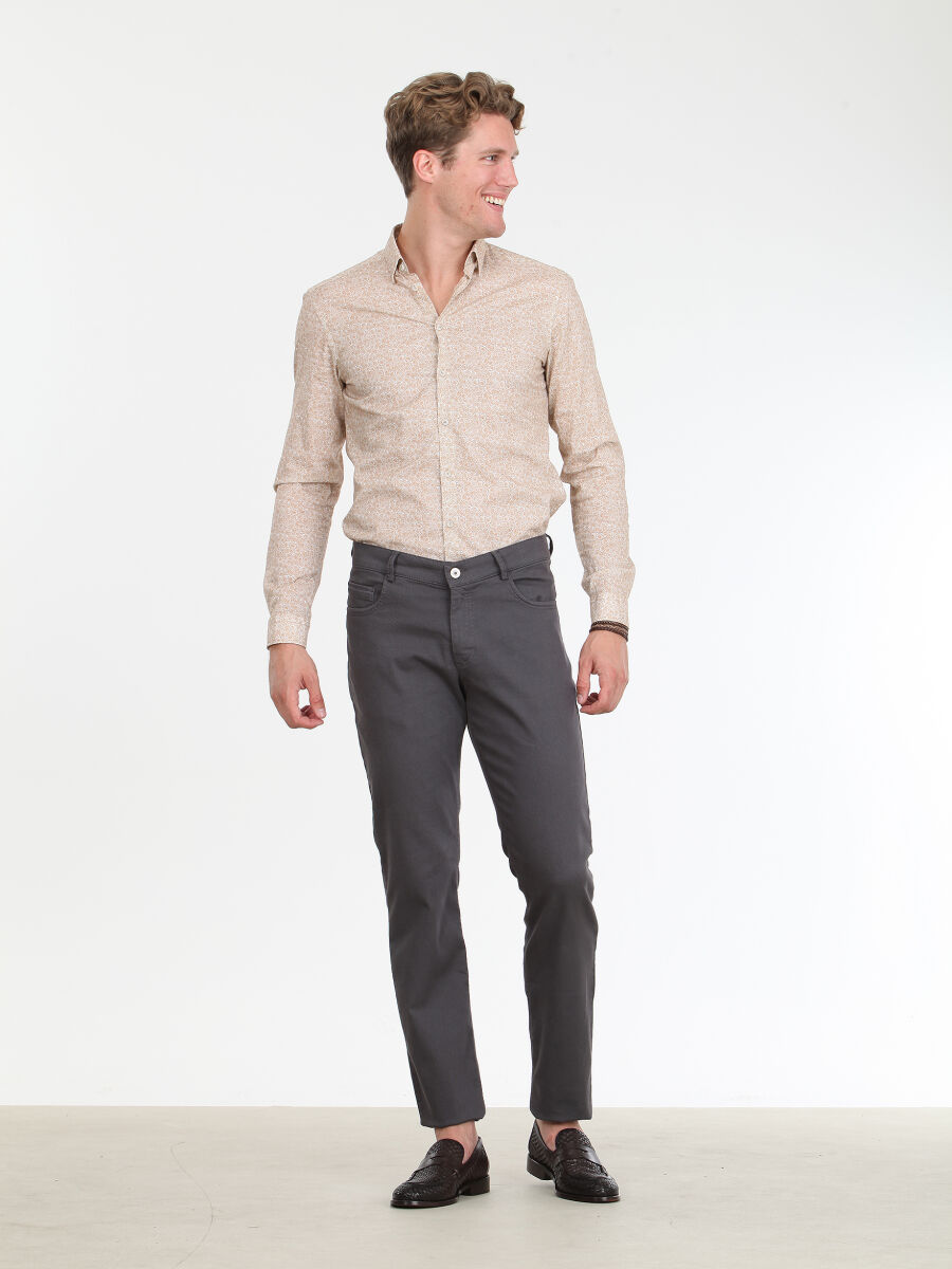 Koyu Gri Düz Dokuma Slim Fit Casual Pamuk Karışımlı Pantolon - 3
