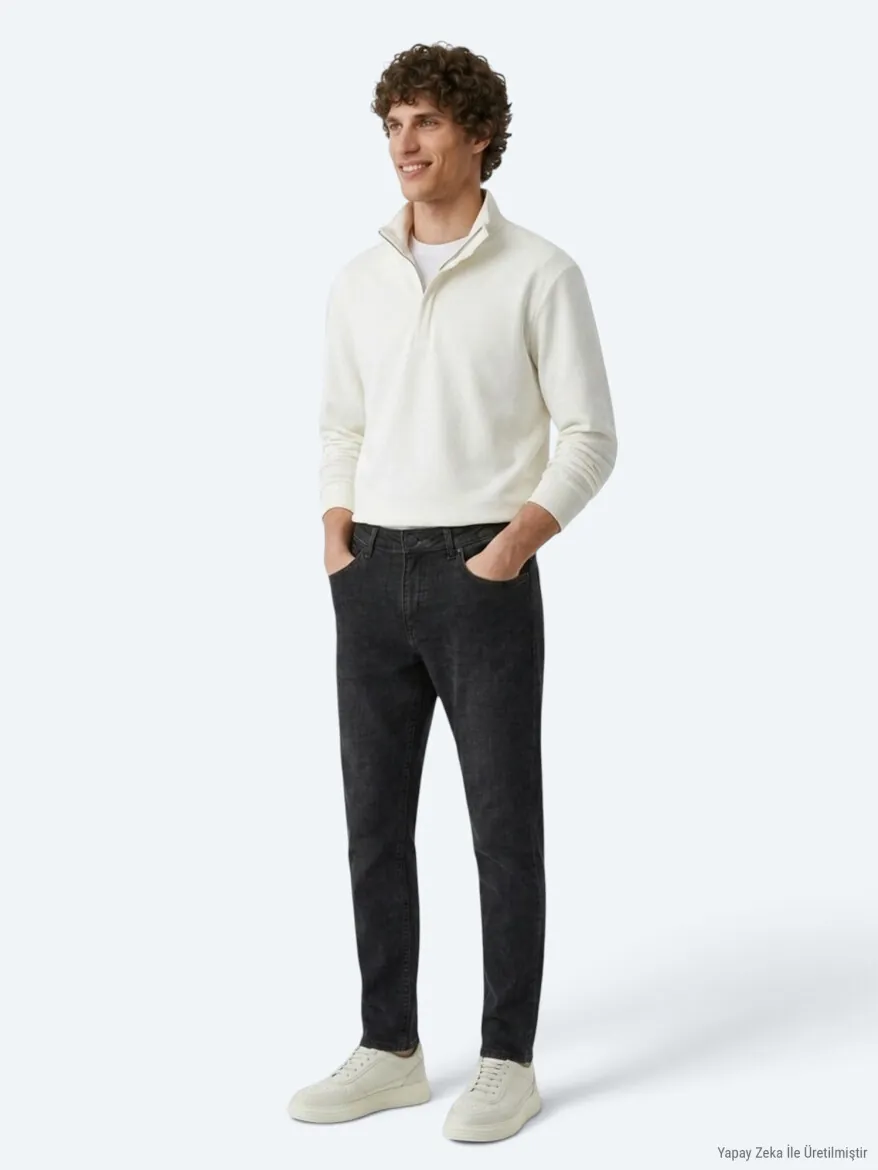 Koyu Gri Düz Slim Fit Denim Pamuk Karışımlı Pantolon - 3