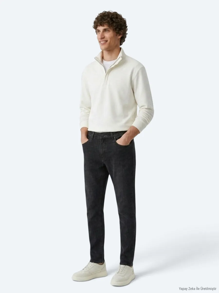 Koyu Gri Düz Slim Fit Denim Pamuk Karışımlı Pantolon - 3