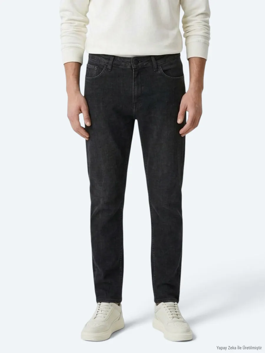 Koyu Gri Düz Slim Fit Denim Pamuk Karışımlı Pantolon - 4