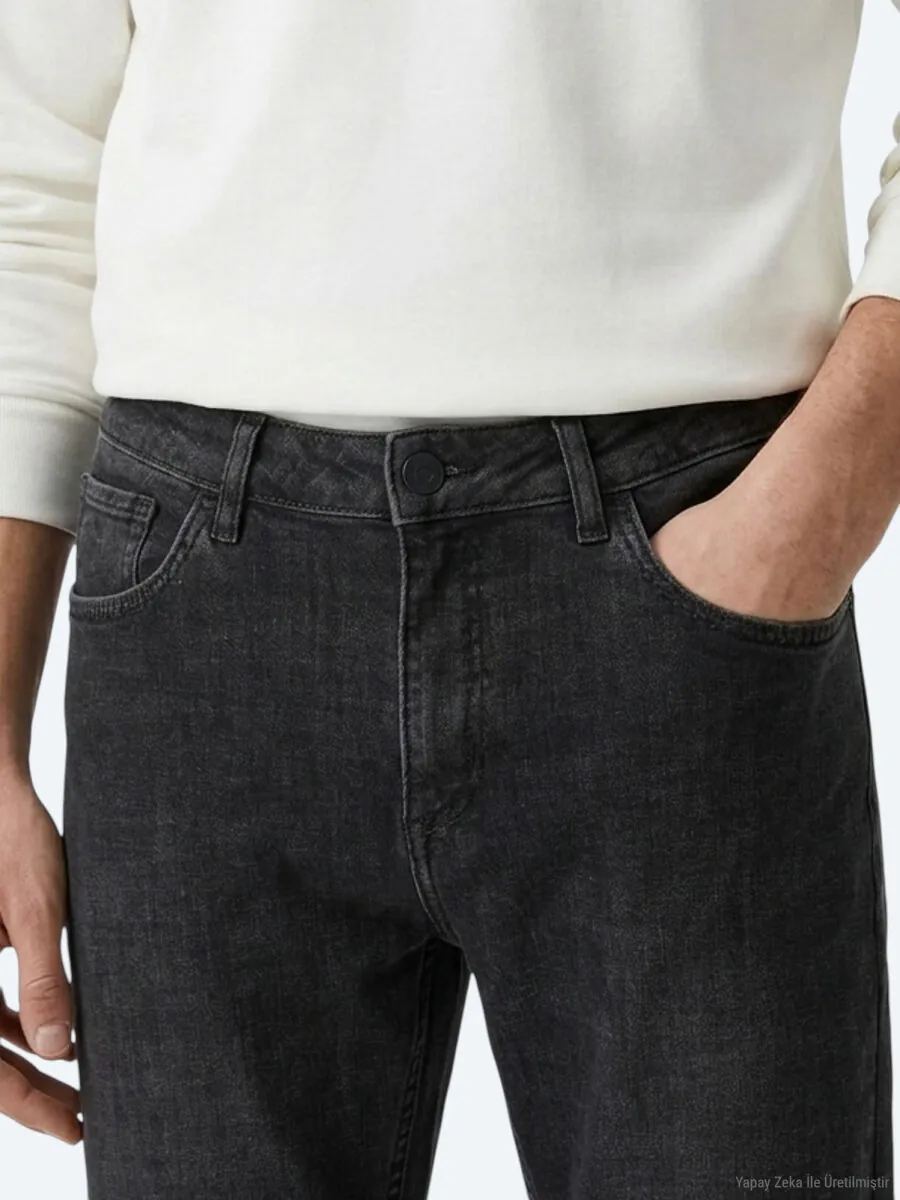 Koyu Gri Düz Slim Fit Denim Pamuk Karışımlı Pantolon - 5