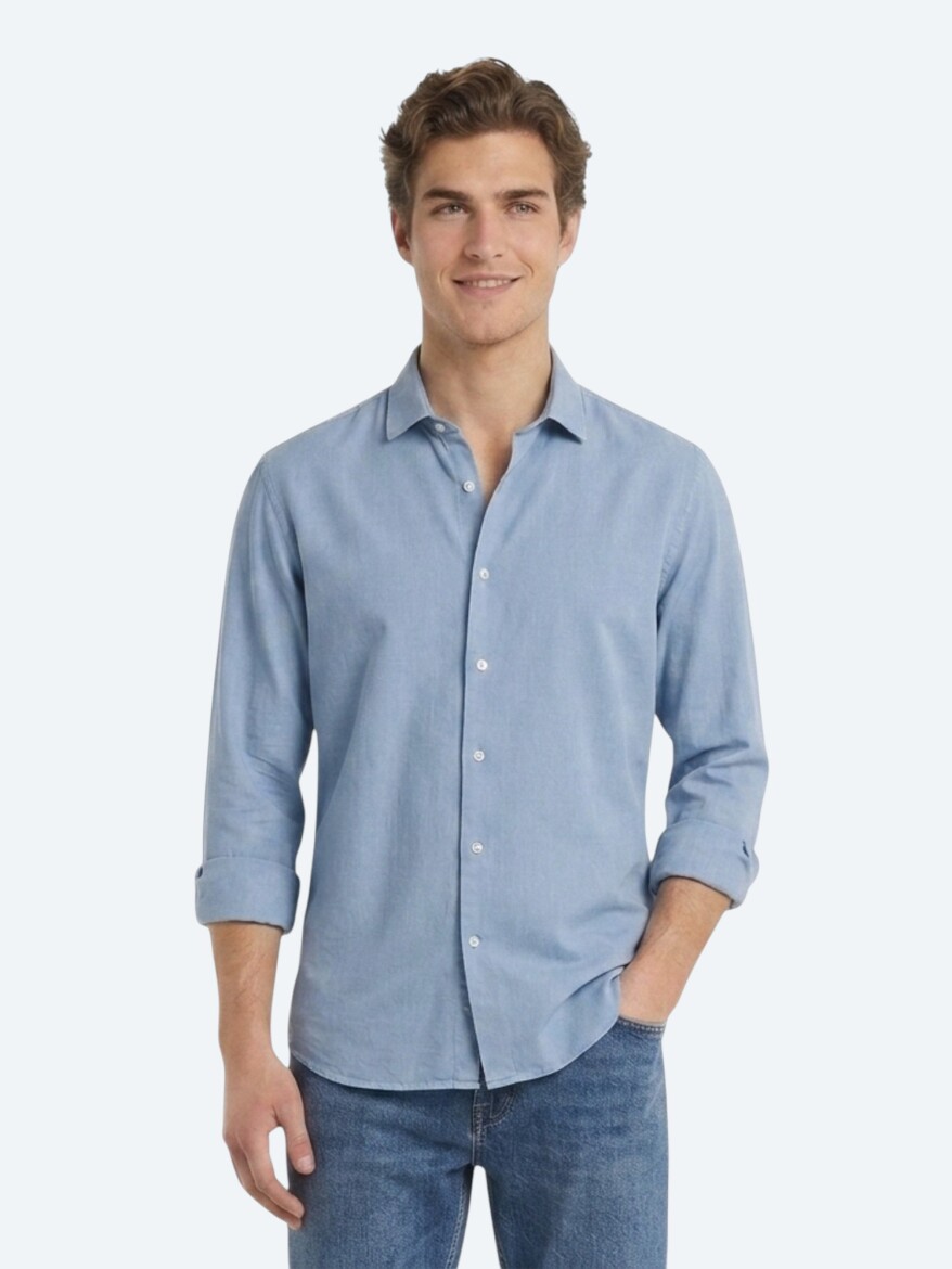 Koyu İndigo Düz Regular Fit Uzun Dokuma Casual Pamuk Karışımlı Gömlek 