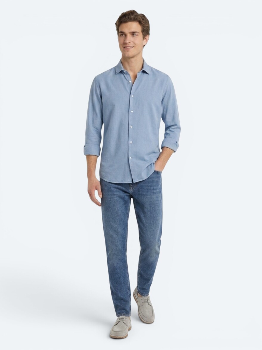 Koyu İndigo Düz Regular Fit Uzun Dokuma Casual Pamuk Karışımlı Gömlek - 2