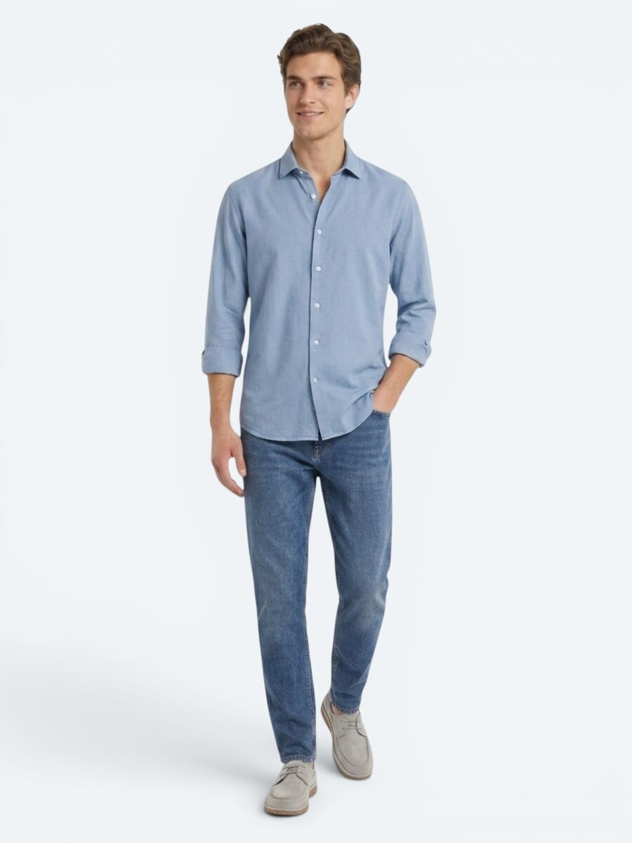 Koyu İndigo Düz Regular Fit Uzun Dokuma Casual Pamuk Karışımlı Gömlek - 2