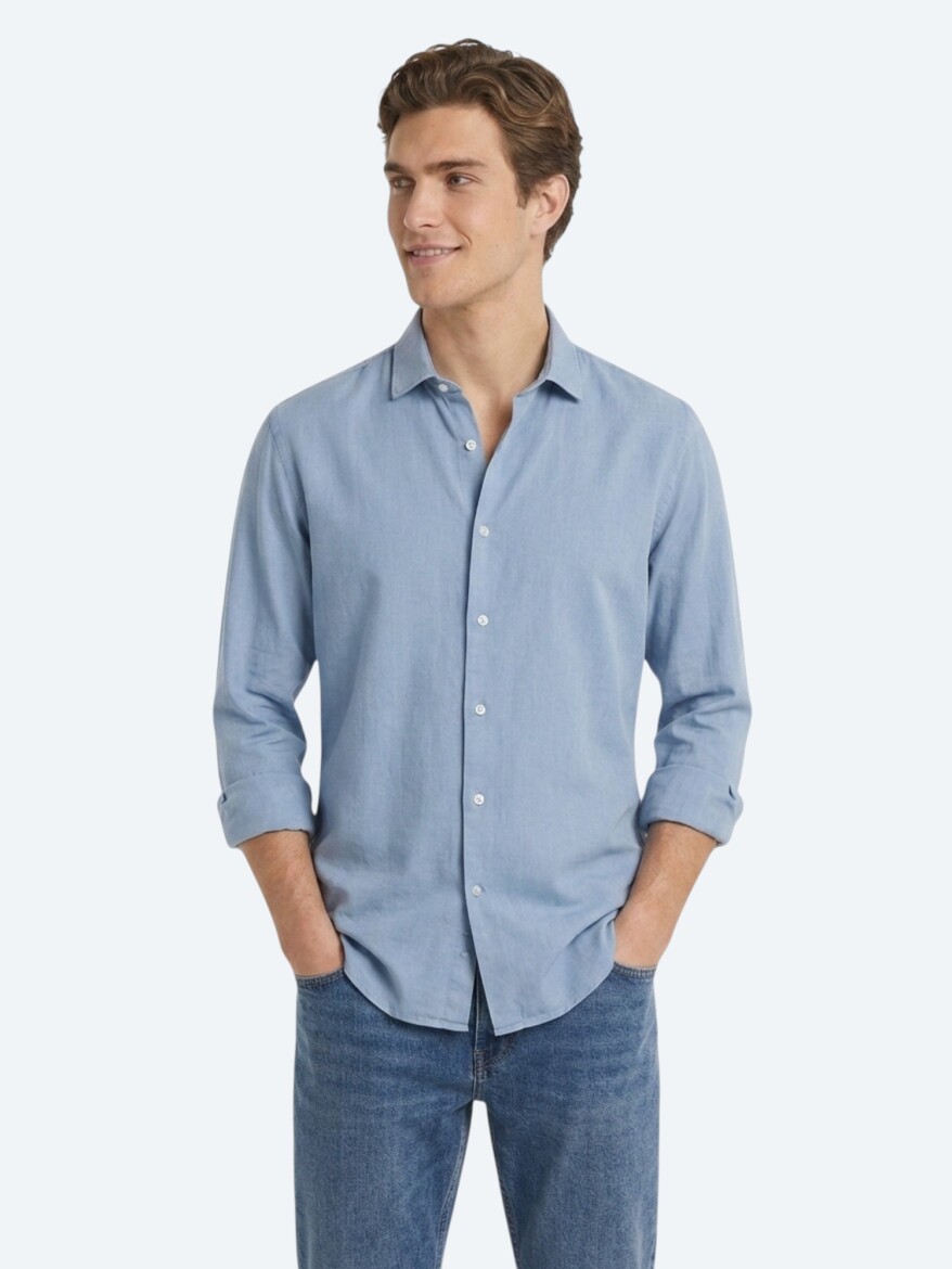 Koyu İndigo Düz Regular Fit Uzun Dokuma Casual Pamuk Karışımlı Gömlek - 3