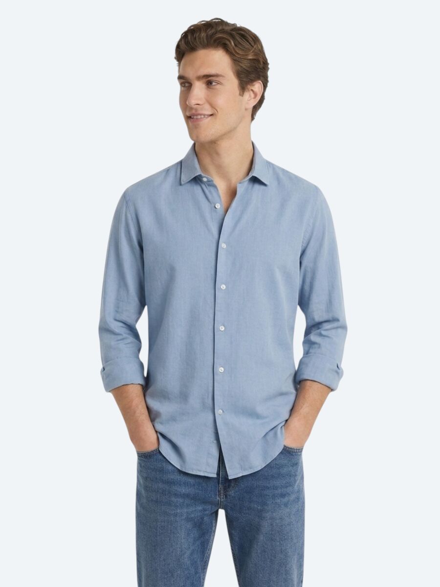 Koyu İndigo Düz Regular Fit Uzun Dokuma Casual Pamuk Karışımlı Gömlek - 3