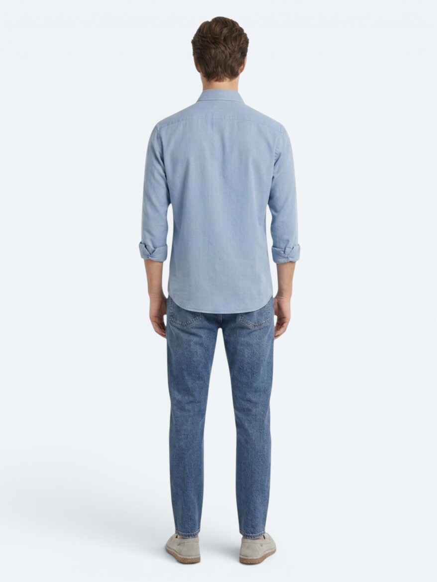 Koyu İndigo Düz Regular Fit Uzun Dokuma Casual Pamuk Karışımlı Gömlek - 5