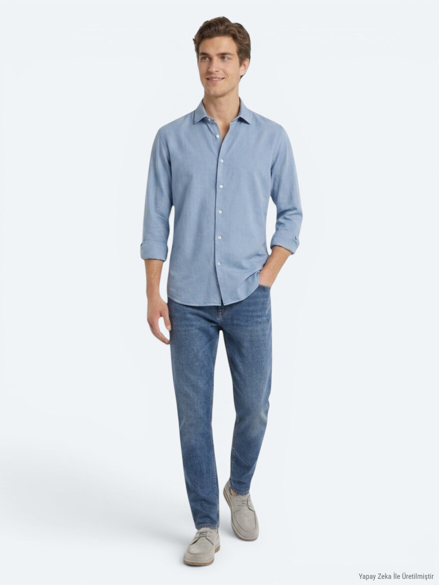 Koyu İndigo Düz Regular Fit Uzun Dokuma Casual Pamuk Karışımlı Gömlek - 2