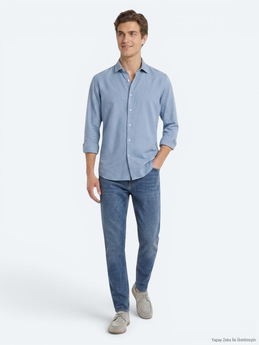 Koyu İndigo Düz Regular Fit Uzun Dokuma Casual Pamuk Karışımlı Gömlek - 2