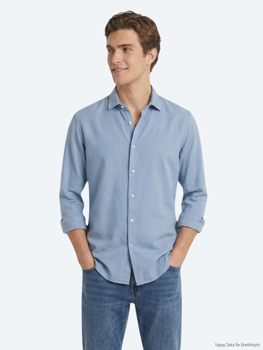 Koyu İndigo Düz Regular Fit Uzun Dokuma Casual Pamuk Karışımlı Gömlek - 3