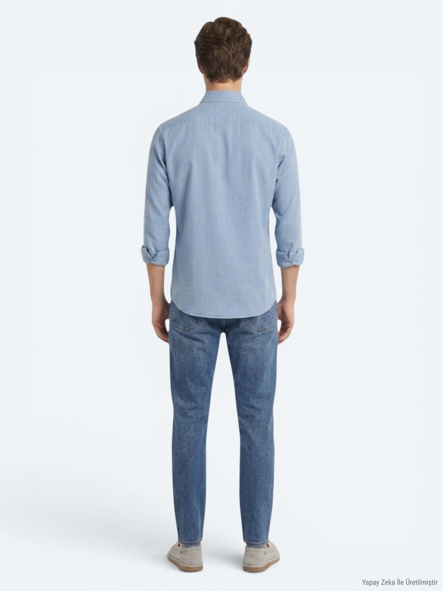 Koyu İndigo Düz Regular Fit Uzun Dokuma Casual Pamuk Karışımlı Gömlek - 5