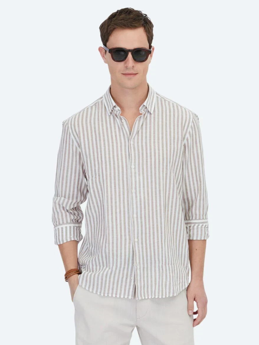 Koyu Kahve Çizgili Regular Fit Dokuma Casual Pamuk Karışımlı Gömlek - 1