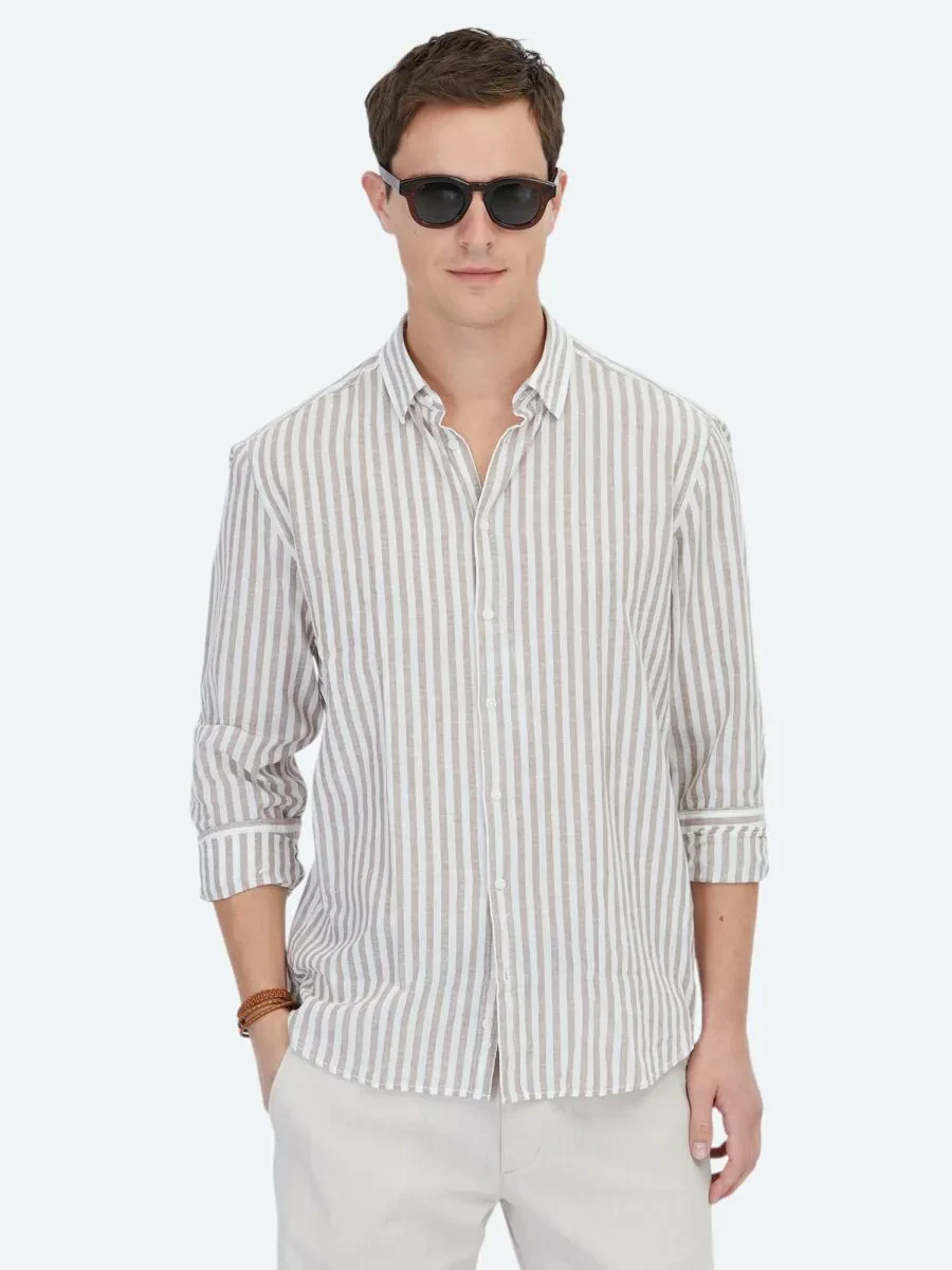 Koyu Kahve Çizgili Regular Fit Dokuma Casual Pamuk Karışımlı Gömlek - 1