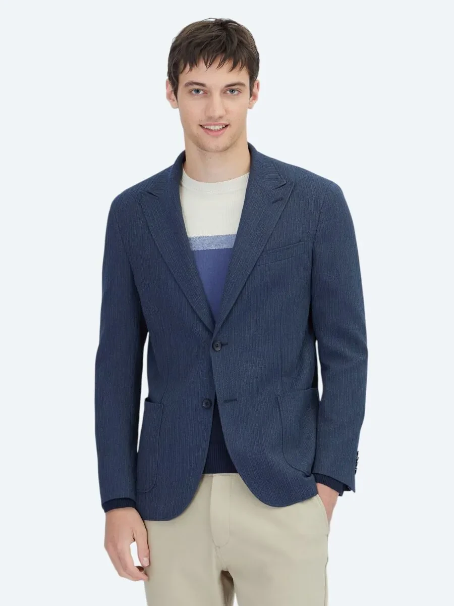 Koyu Lacivert Çizgili Modern Fit Ceket - 1