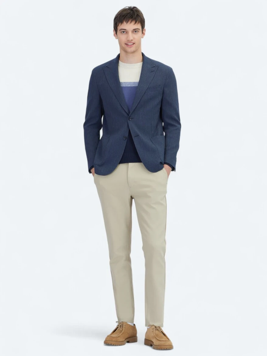 Koyu Lacivert Çizgili Modern Fit Ceket - 2