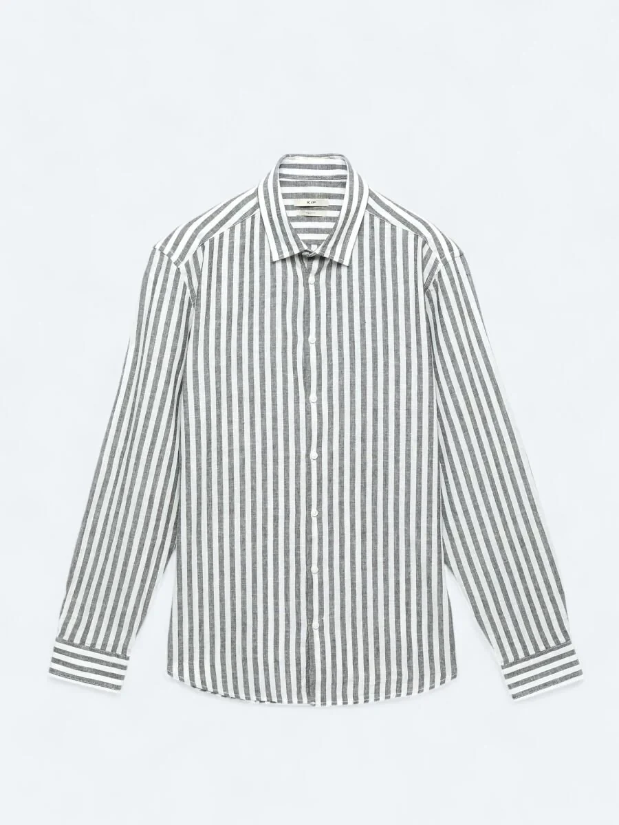 Koyu Lacivert Çizgili Regular Fit Dokuma Casual Pamuk Karışımlı Gömlek - 1