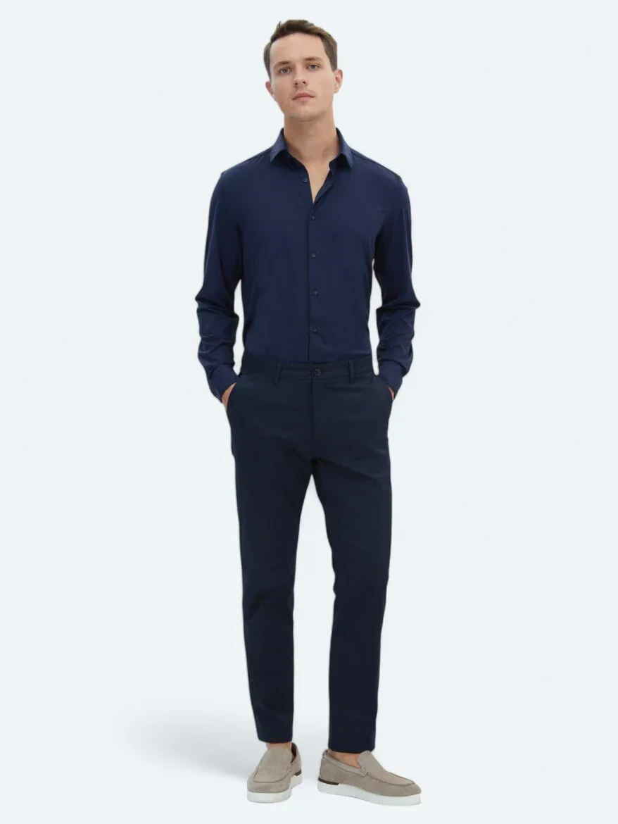 Koyu Lacivert Dokuma Regular Fit Casual Pamuk Karışımlı Pantolon - 1