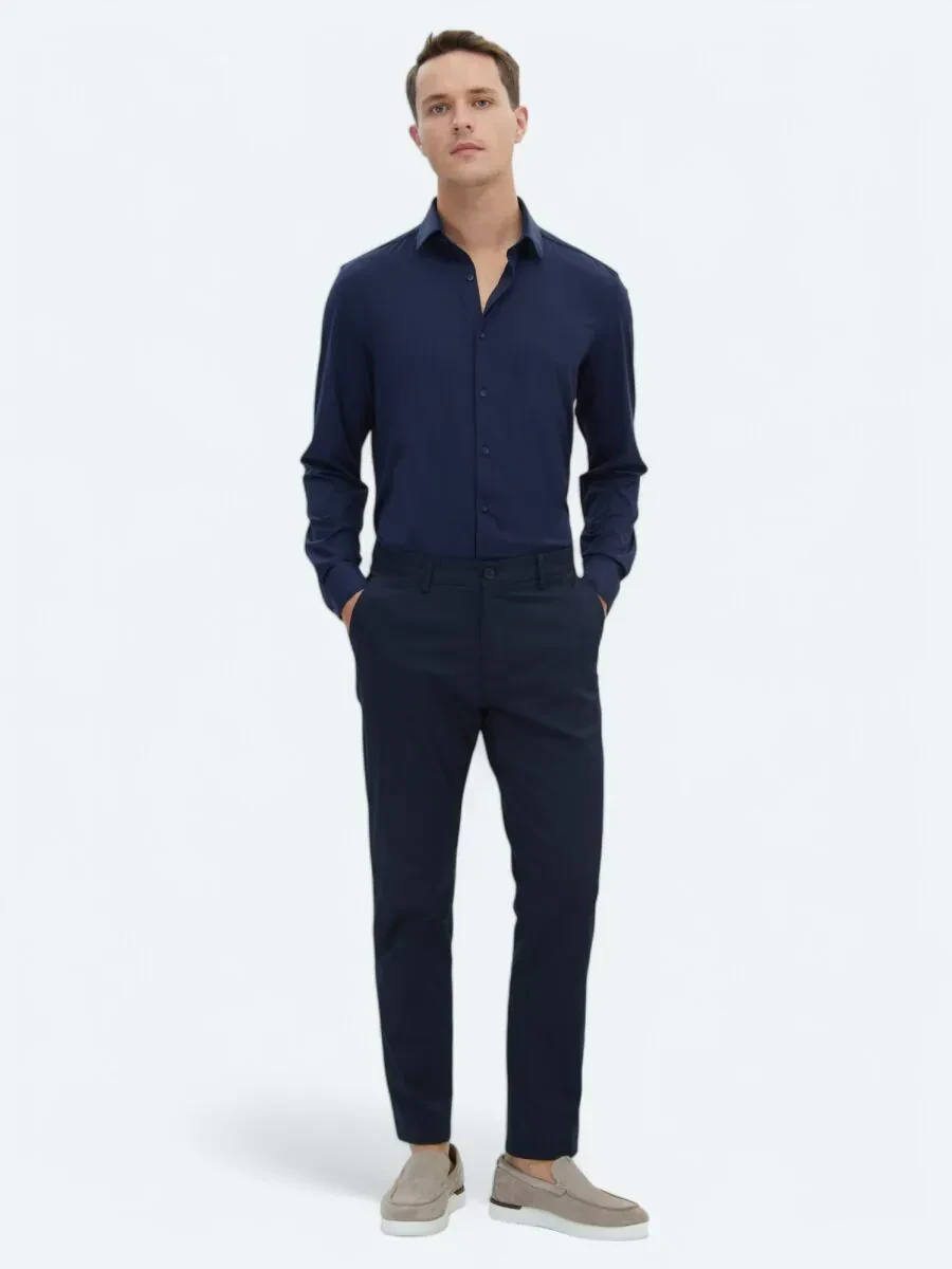 Koyu Lacivert Dokuma Regular Fit Casual Pamuk Karışımlı Pantolon - 1