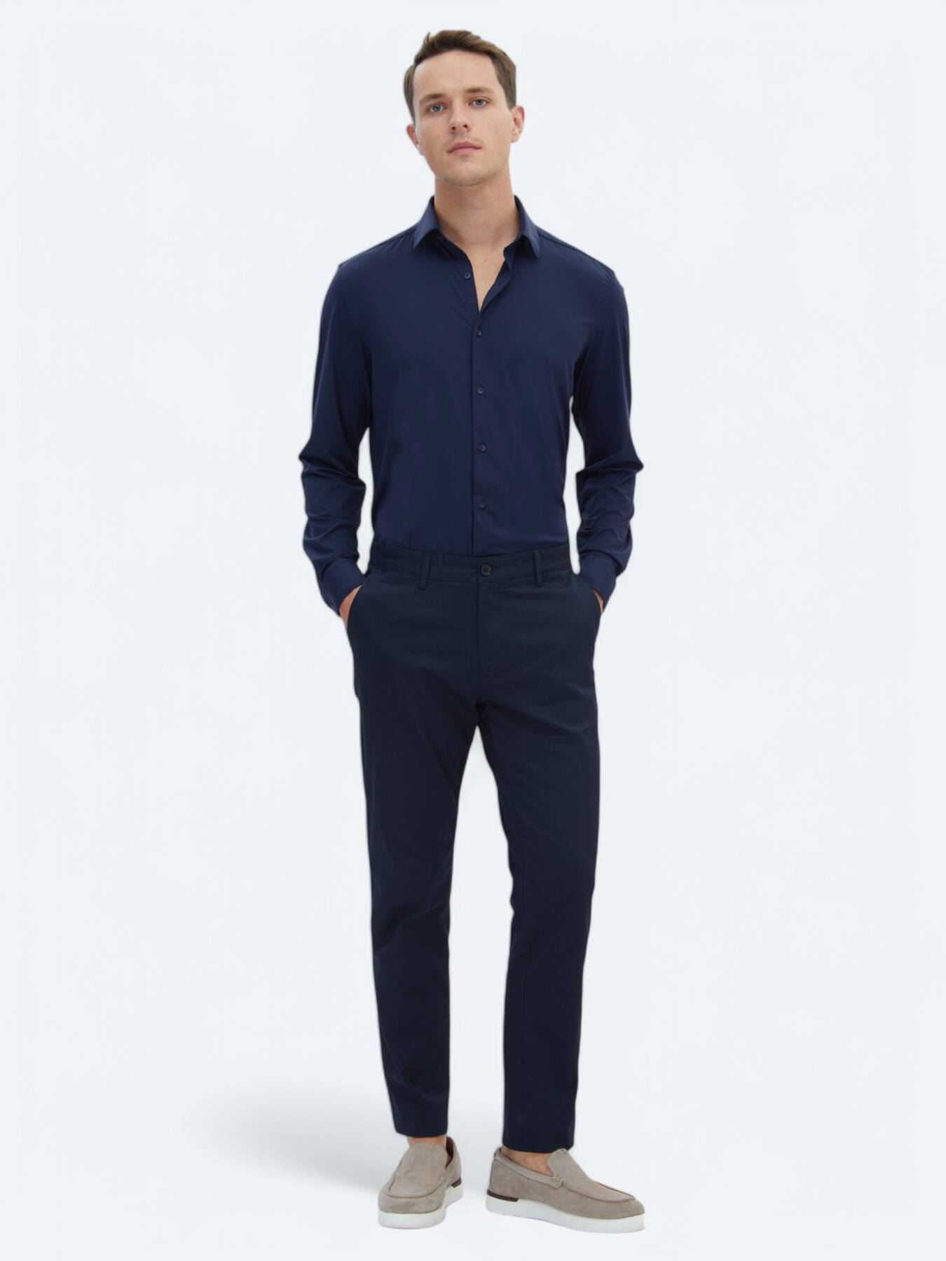 Koyu Lacivert Dokuma Regular Fit Casual Pamuk Karışımlı Pantolon