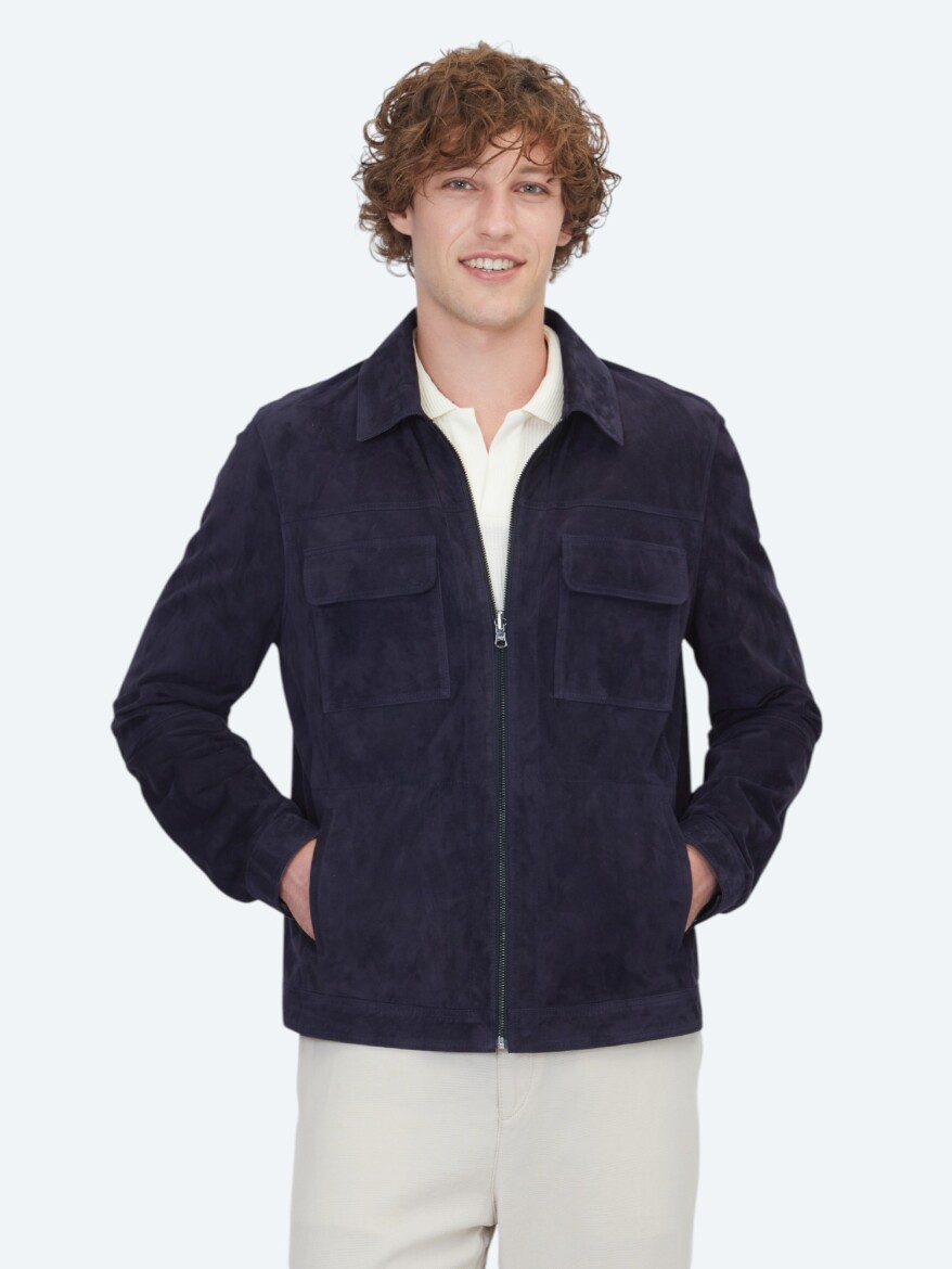 Koyu Lacivert Regular Fit Gömlek Yaka Smart Casual Çift Taraflı Deri Mont - KİP